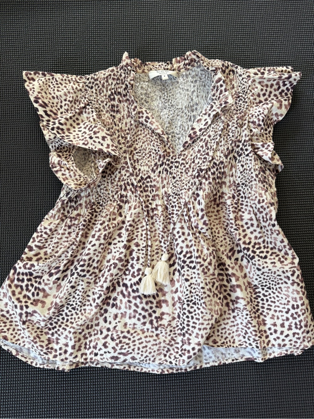 Sea Leopard Print Ruffle Sleeve Blouse - Cream and Brown